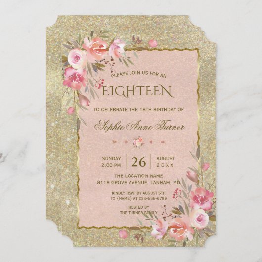 Luxe Gouden Glitter Blush Bloemen 18e Verjaardag Kaart (Voorkant / Achterkant)