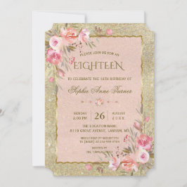 Luxe Gouden Glitter Blush Bloemen 18e Verjaardag Kaart