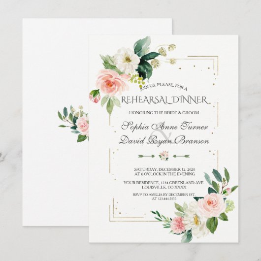 Luxe Gouden Glitter Blush Bloemen Repetitie Diner Kaart (Voorkant / Achterkant)