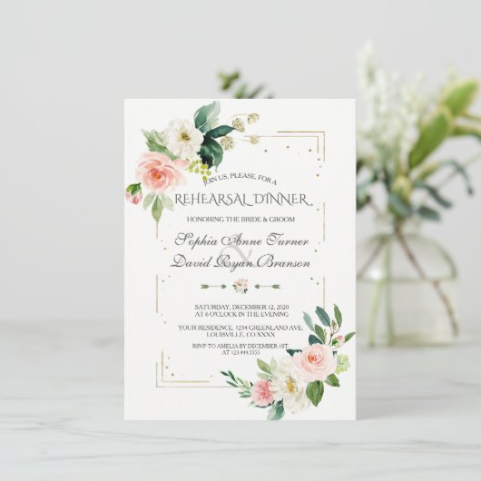 Luxe Gouden Glitter Blush Bloemen Repetitie Diner Kaart (Staand voorkant)