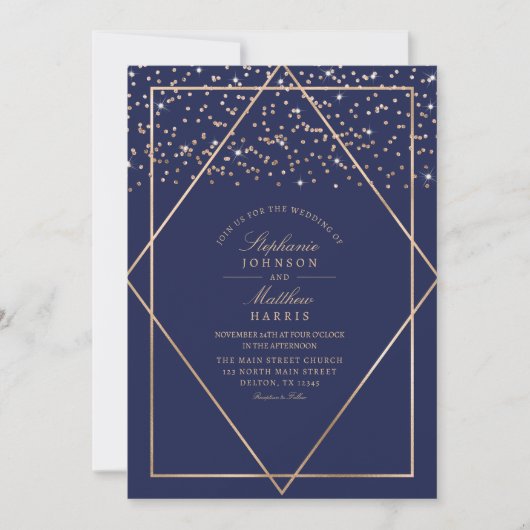Luxe Gouden Glitter Confetti Navy Blue Bruiloft Kaart (Voorkant)
