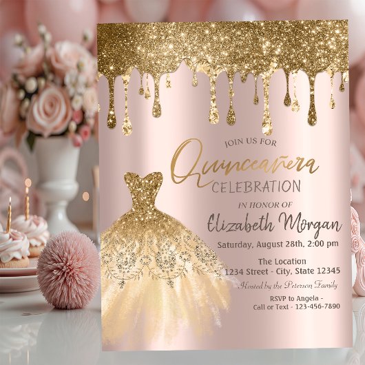 Luxe Gouden Glitter Drips Jurk Quinceañera Kaart