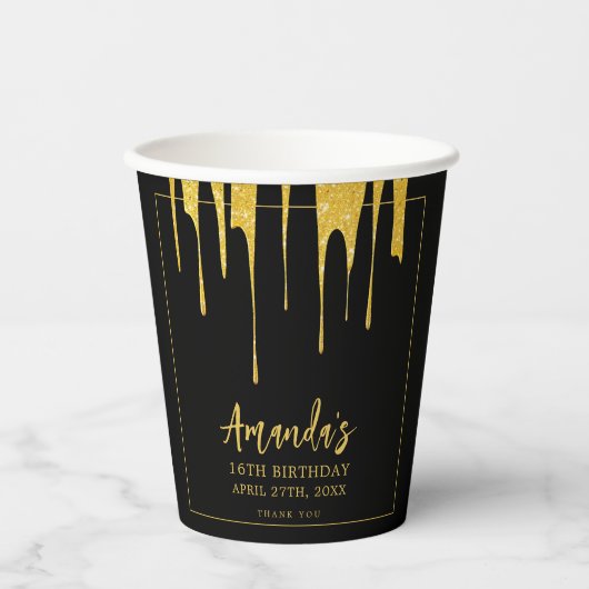 Luxe Gouden Glitter Druppelt Zoete 16 Verjaardag Papieren Bekers (Voorkant)