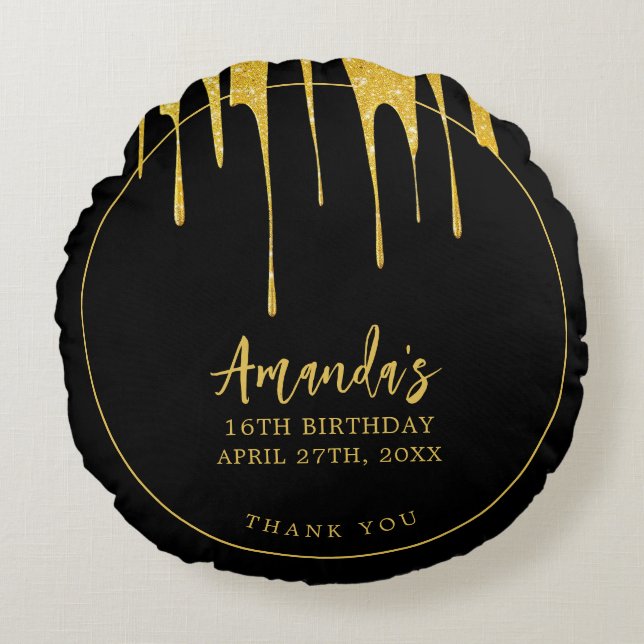 Luxe Gouden Glitter Druppelt Zoete 16 Verjaardag Rond Kussen (Voorkant)