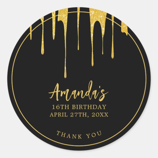 Luxe Gouden Glitter Druppelt Zoete 16 Verjaardag Ronde Sticker (Voorkant)