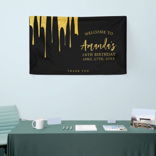 Luxe Gouden Glitter Druppelt Zoete 16 Verjaardag Spandoek (Beurs)