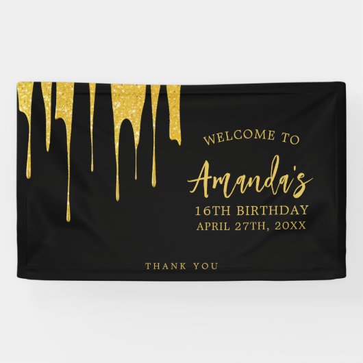 Luxe Gouden Glitter Druppelt Zoete 16 Verjaardag Spandoek (Horizontaal)