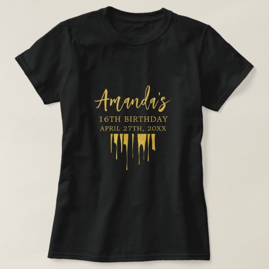 Luxe Gouden Glitter Druppelt Zoete 16 Verjaardag T-shirt (Design voorkant)