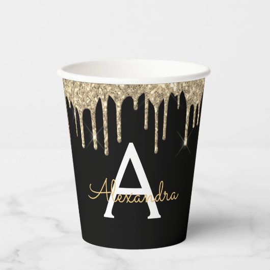 Luxe Gouden Glitter en Glans Monogram Papieren Bekers (Voorkant)