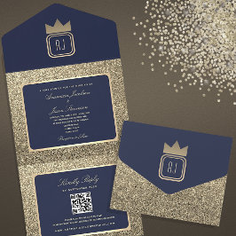 Luxe Gouden Glitter en Navy Blue QR Code Wedding All In One Uitnodiging
