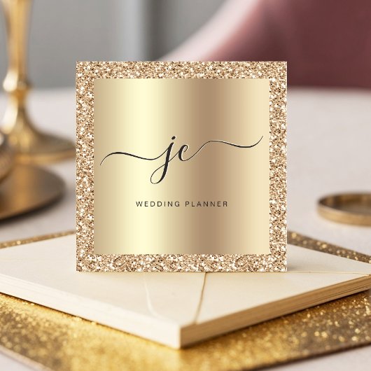 Luxe Gouden Glitter Folie Script Monogram Modern Vierkante Visitekaartje