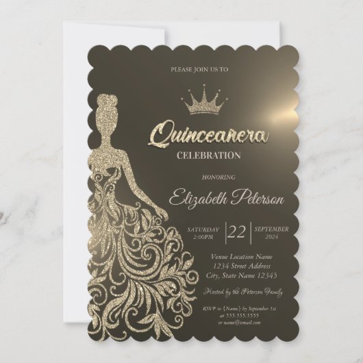 Luxe Gouden Glitter Jurk Goud Quinceanera Kaart (Voorkant)