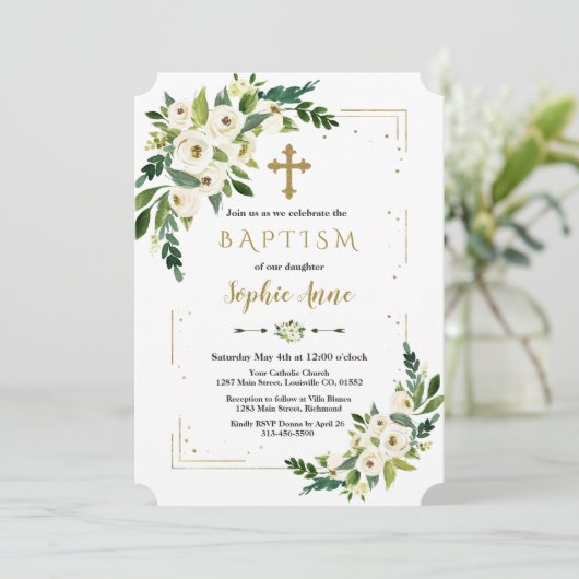 Luxe Gouden Glitter Kader Witte Bloem Doop Kaart (Staand voorkant)