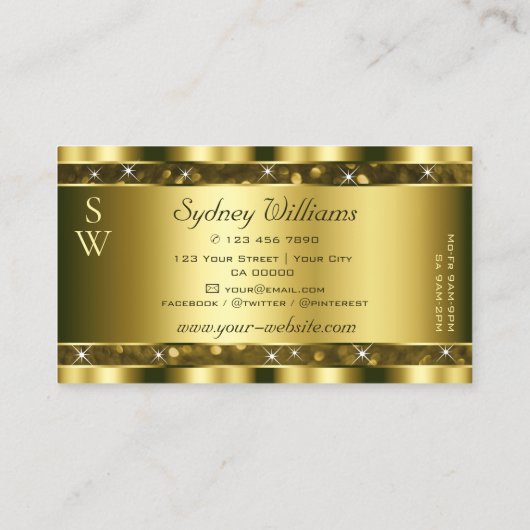 Luxe gouden glitter lichtgevende sterren monogram visitekaartje (Achterkant)