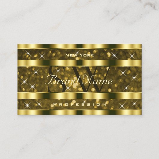 Luxe gouden glitter lichtgevende sterren monogram visitekaartje (Voorkant)