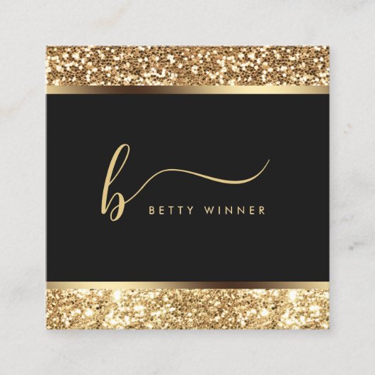 Luxe Gouden Glitter Lijst Modern Script Monogram Vierkante Visitekaartje (Voorkant)