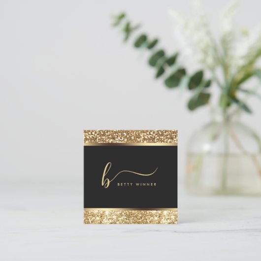 Luxe Gouden Glitter Lijst Modern Script Monogram Vierkante Visitekaartje (Staand voorkant)
