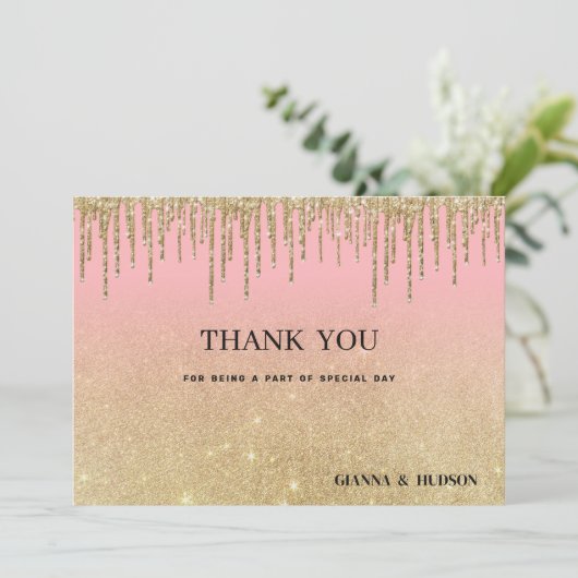 Luxe gouden glitter roze ombre druppels Dank U Kaart (Staand voorkant)