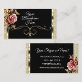 Luxe Gouden Glitter Roze Roos op Zwart Visitekaartje (Voorkant / Achterkant)