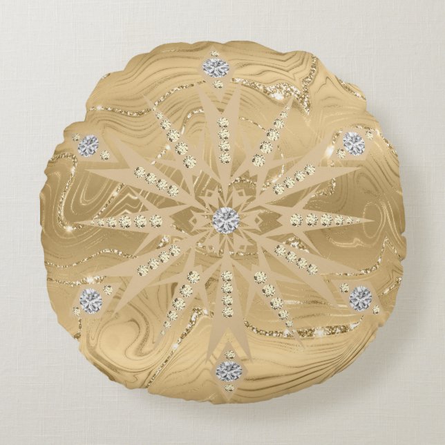 Luxe Gouden Glitter Sneeuwvlok Diamant Rond Kussen (Voorkant)