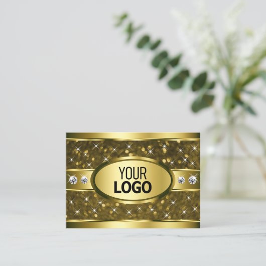 Luxe Gouden Glitter Sterren Diamanten en Logo Visitekaartje (Staand voorkant)