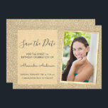 Luxe Gouden Glitter Sweet 16 Save the Date Kaart<br><div class="desc">Luxury Gold Sparkle Glitter Sweet Sixteen Monogram Naam en Initiaal Bewaar de datum Verjaardagsfeestje Fotouitnodiging. Dit afbeelding op de datumuitnodiging is ideaal voor het Sparkle Glitter Sweet 16 Birthday Party dat in stijl wil vieren. U kunt de uitnodigingskaart bijwerken met uw eigen foto,  naam en geboorteplaatsgegevens.</div>