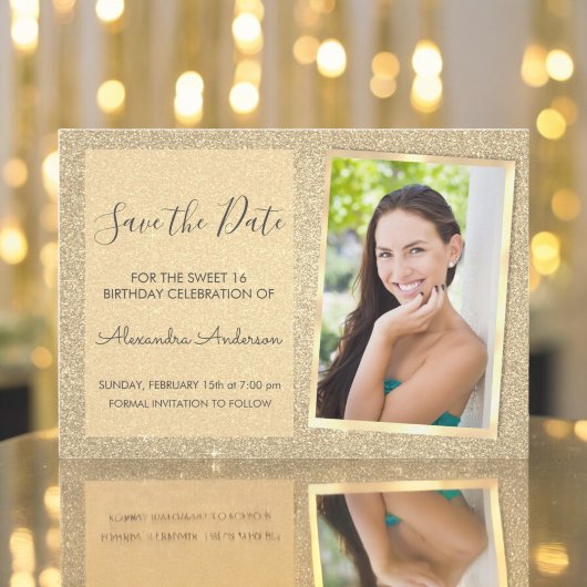 Luxe Gouden Glitter Sweet 16 Save the Date Kaart