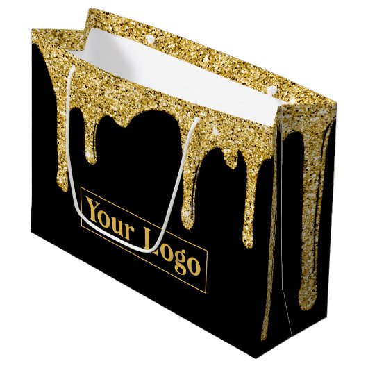 Luxe Gouden Glitterdruppels Zakelijk Logo Groot Cadeauzakje (Voorkant Gekanteld)
