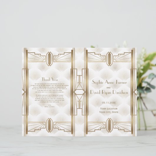 Luxe Gouden Great Gatsby Art Deco Trouwprogramma (Staand voorkant)