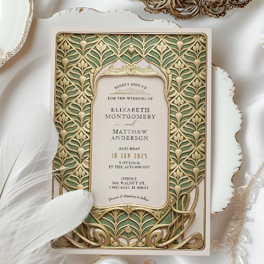 Luxe gouden & groene Art Nouveau bruiloft Kaart