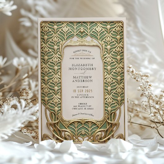 Luxe gouden & groene Art Nouveau bruiloft Kaart