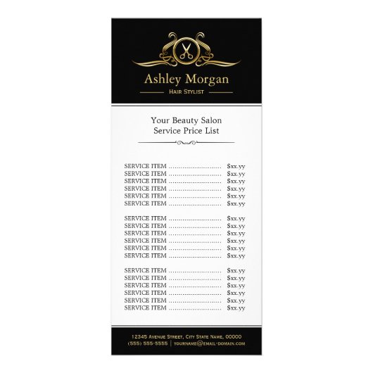 Luxe Gouden Haar Stylist Schoonheidssalon Prijslij Reclamekaart (Voorkant)