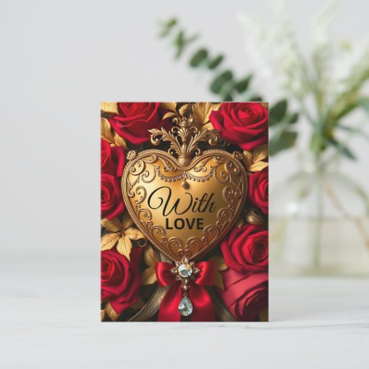 Luxe Gouden Hart met Rode Rozen en Lint Briefkaart (Staand voorkant)