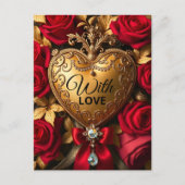 Luxe Gouden Hart met Rode Rozen en Lint Briefkaart (Voorkant)