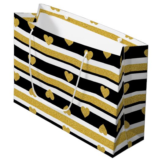 Luxe Gouden Hart Streeppatroon Groot Cadeauzakje (Voorkant Gekanteld)