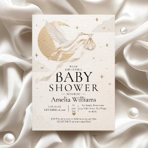 Luxe Gouden Hemelse Ooievaar Maan Baby Shower Kaart