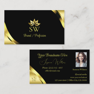 Luxe gouden hoeken op zwart met monogramfoto visitekaartje