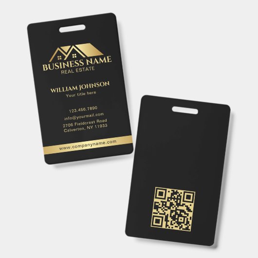 Luxe Gouden Huis Vastgoed QR Code Zwart Badge (Voor- en achterkant)