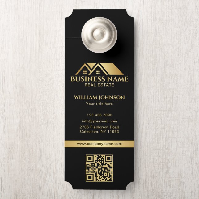 Luxe Gouden Huis Vastgoed QR Code Zwart Deurhanger (Op knop)