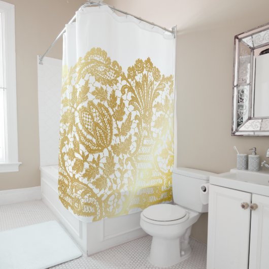 Luxe gouden kant op wit douchegordijn (In situ)
