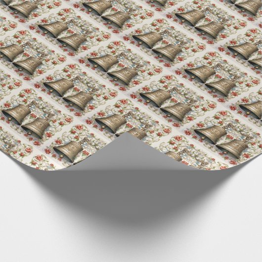 Luxe Gouden Kerstbel, Rode Bloemen Cadeaupapier (Hoek)