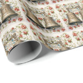 Luxe Gouden Kerstbel, Rode Bloemen Cadeaupapier (Rol Hoek)