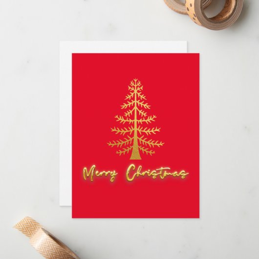 Luxe gouden kerstboom traditioneel rood notitiekaartje (Voorkant / Achterkant in situ)