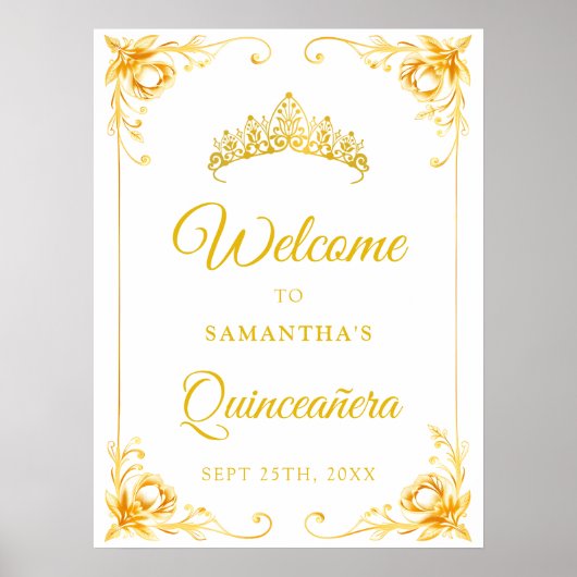 Luxe Gouden Kroon Quinceañera Welkomstbord Poster (Voorkant)