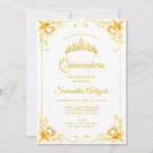 Luxe Gouden Kroon Wit en Goud Quinceanera Kaart (Voorkant)