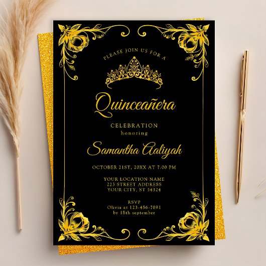 Luxe Gouden Kroon Zwart en Goud Quinceanera Kaart