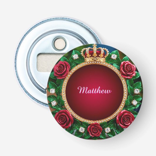 Luxe gouden kroonframe versierd met rozen button flesopener (Voorkant)