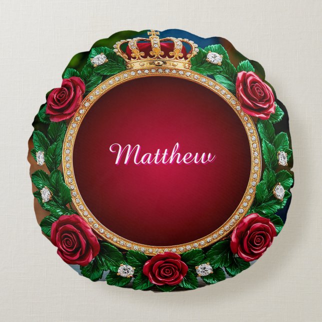 Luxe Gouden Kroonframe Versierd Met Rozen Rond Kussen (Voorkant)