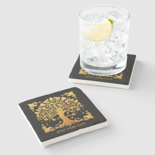 Luxe Gouden Levensboom Stenen Onderzetter (Zijkant)