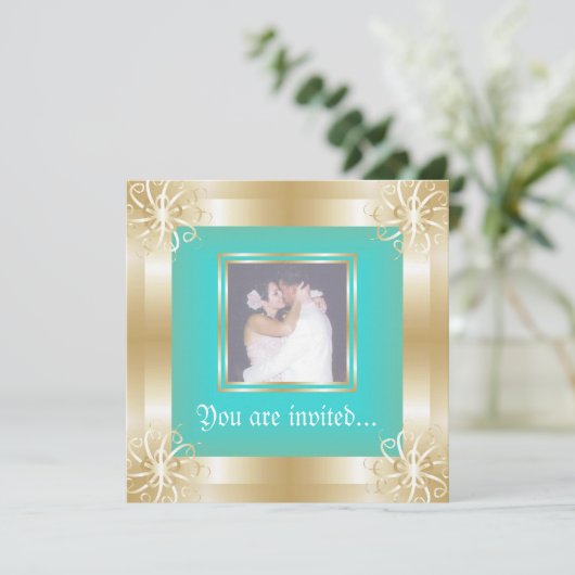 Luxe gouden Lijst bruiloft foto uitnodigingen (Staand voorkant)